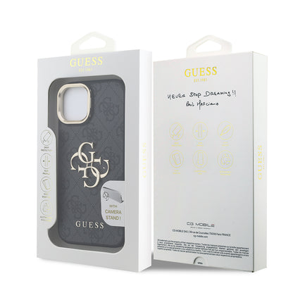 iPhone 15 Kılıf Guess Orijinal Lisanslı PU Deri 4G Desenli Metal Büyük 4G ve Yazı Logolu Kamera Standlı Kılıf