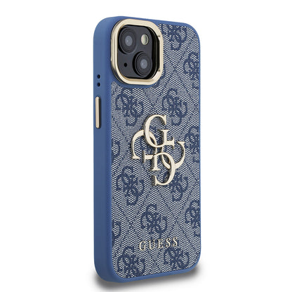 iPhone 15 Kılıf Guess Orijinal Lisanslı PU Deri 4G Desenli Metal Büyük 4G ve Yazı Logolu Kamera Standlı Kılıf