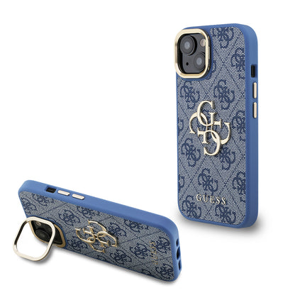 iPhone 15 Kılıf Guess Orijinal Lisanslı PU Deri 4G Desenli Metal Büyük 4G ve Yazı Logolu Kamera Standlı Kılıf