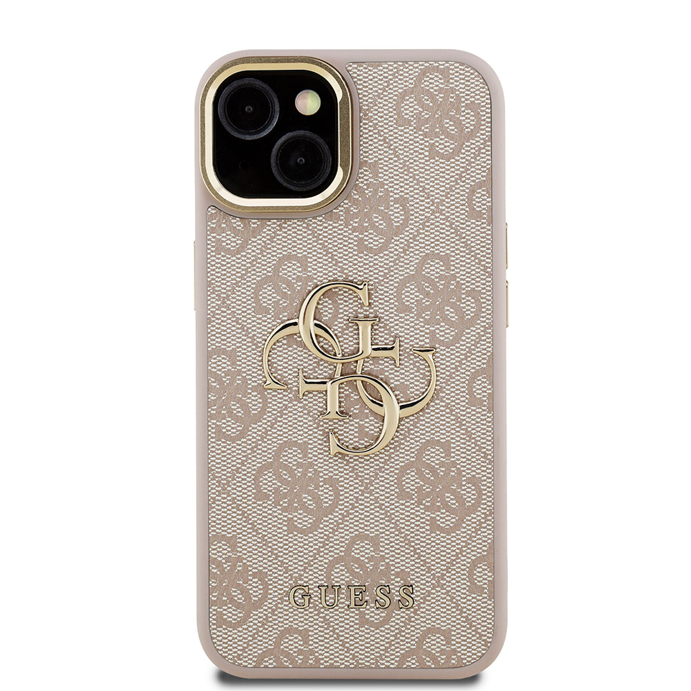 iPhone 15 Kılıf Guess Orijinal Lisanslı PU Deri 4G Desenli Metal Büyük 4G ve Yazı Logolu Kamera Standlı Kılıf