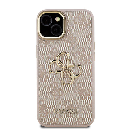 iPhone 15 Kılıf Guess Orijinal Lisanslı PU Deri 4G Desenli Metal Büyük 4G ve Yazı Logolu Kamera Standlı Kılıf