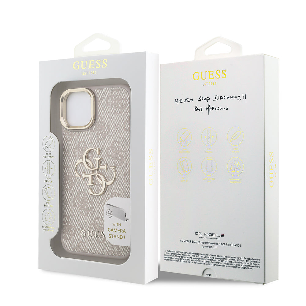 iPhone 15 Kılıf Guess Orijinal Lisanslı PU Deri 4G Desenli Metal Büyük 4G ve Yazı Logolu Kamera Standlı Kılıf