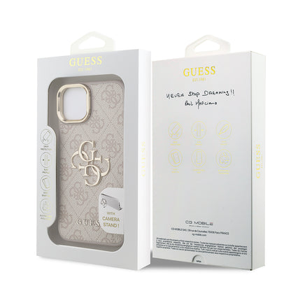 iPhone 15 Kılıf Guess Orijinal Lisanslı PU Deri 4G Desenli Metal Büyük 4G ve Yazı Logolu Kamera Standlı Kılıf