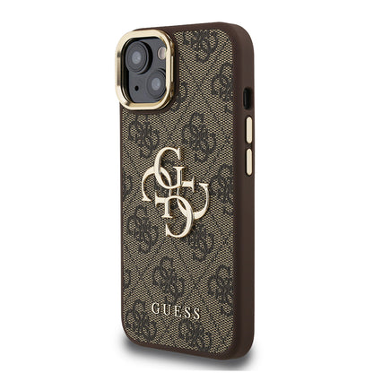 iPhone 15 Kılıf Guess Orijinal Lisanslı PU Deri 4G Desenli Metal Büyük 4G ve Yazı Logolu Kamera Standlı Kılıf