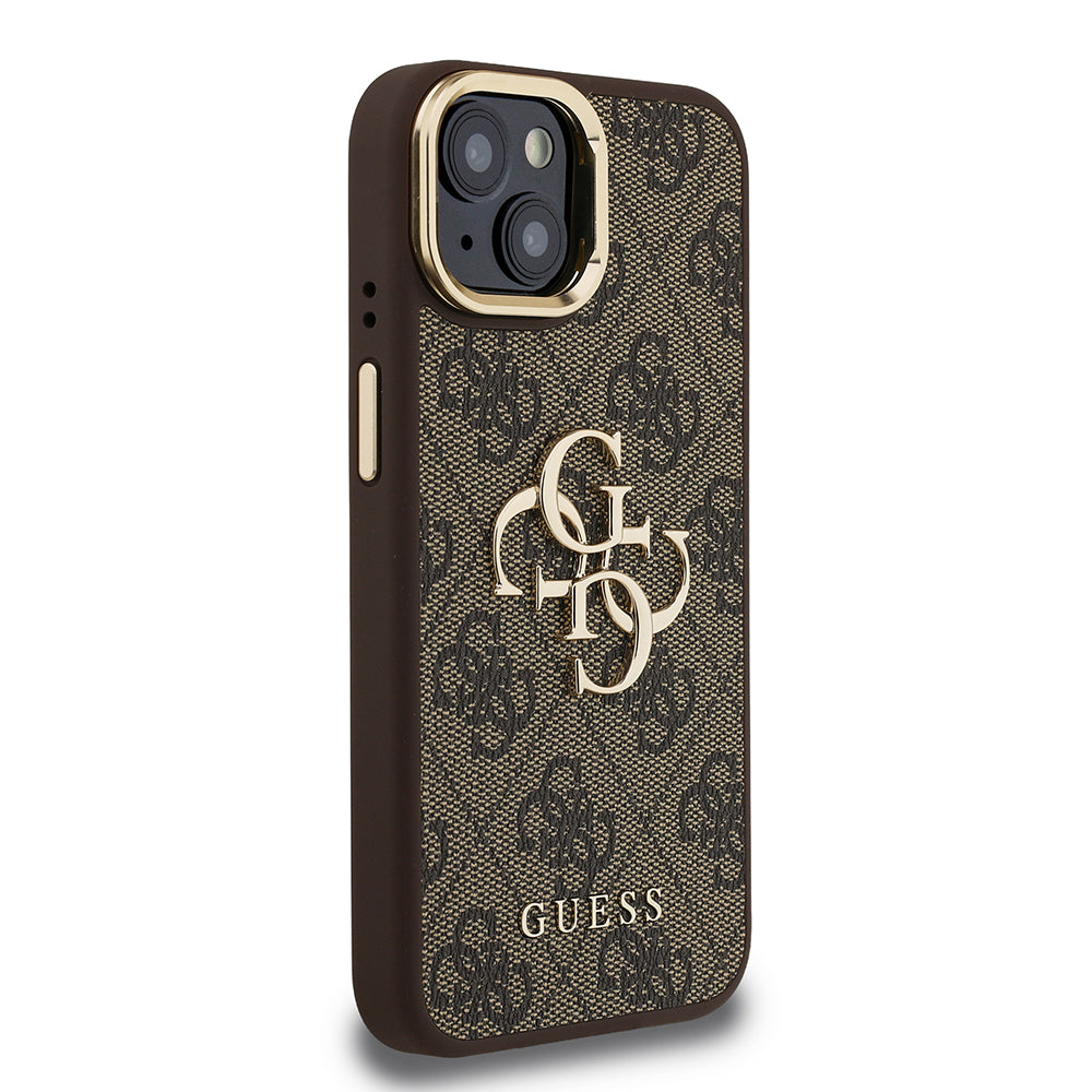iPhone 15 Kılıf Guess Orijinal Lisanslı PU Deri 4G Desenli Metal Büyük 4G ve Yazı Logolu Kamera Standlı Kılıf