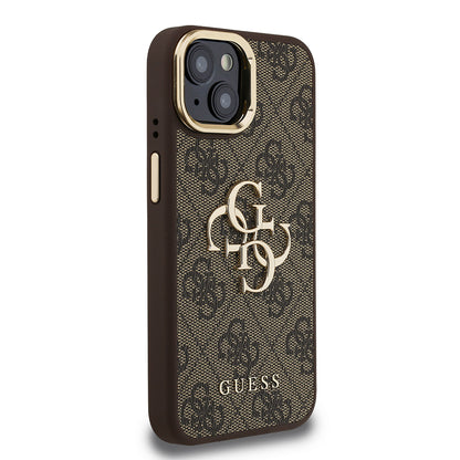 iPhone 15 Kılıf Guess Orijinal Lisanslı PU Deri 4G Desenli Metal Büyük 4G ve Yazı Logolu Kamera Standlı Kılıf