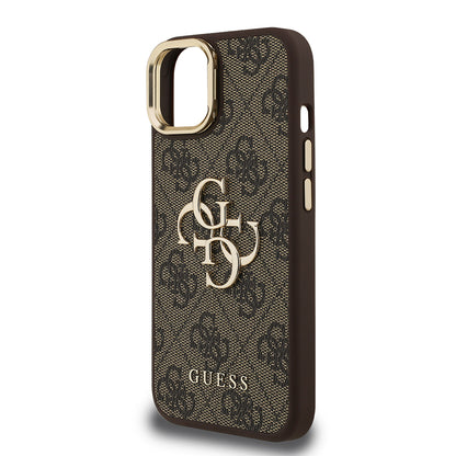 iPhone 15 Kılıf Guess Orijinal Lisanslı PU Deri 4G Desenli Metal Büyük 4G ve Yazı Logolu Kamera Standlı Kılıf