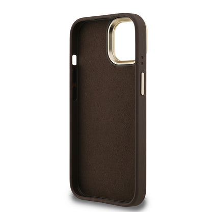 iPhone 15 Kılıf Guess Orijinal Lisanslı PU Deri 4G Desenli Metal Büyük 4G ve Yazı Logolu Kamera Standlı Kılıf