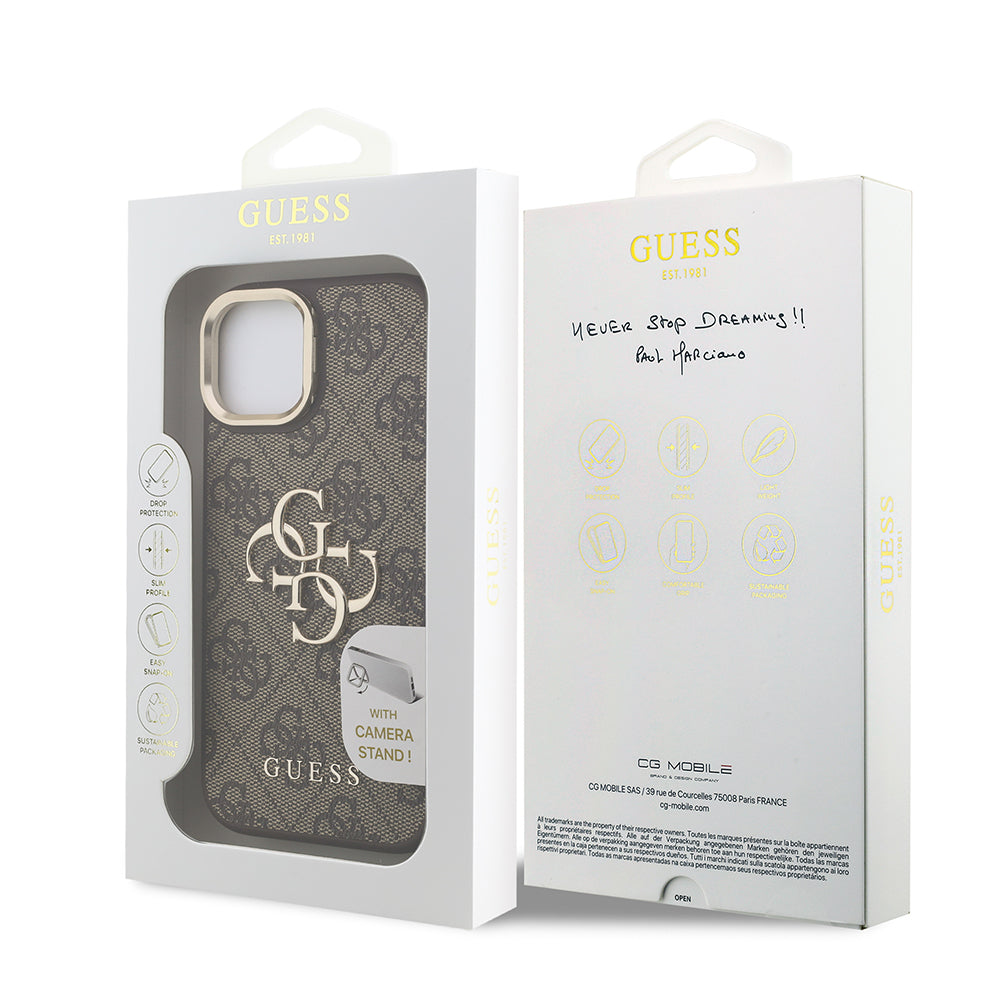 iPhone 15 Kılıf Guess Orijinal Lisanslı PU Deri 4G Desenli Metal Büyük 4G ve Yazı Logolu Kamera Standlı Kılıf