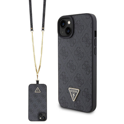 iPhone 15 Kılıf Guess Orijinal Lisanslı PU Deri Askılı Taşlı Üçgen Logo 4G Desenli Strass Crossbody Kılıf