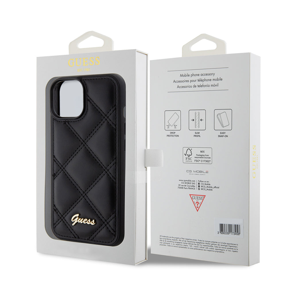 iPhone 15 Kılıf Guess Orijinal Lisanslı PU Deri Metal Yazı Logolu Kapitone Kılıf