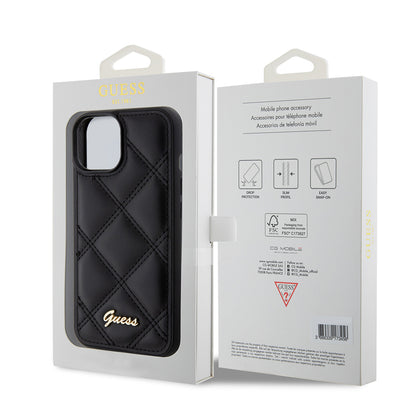 iPhone 15 Kılıf Guess Orijinal Lisanslı PU Deri Metal Yazı Logolu Kapitone Kılıf