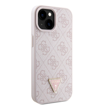 iPhone 15 Kılıf Guess Orijinal Lisanslı PU Deri Taşlı Metal Üçgen Logolu Çapraz Vücut Askılı 4G Desenli Kılıf