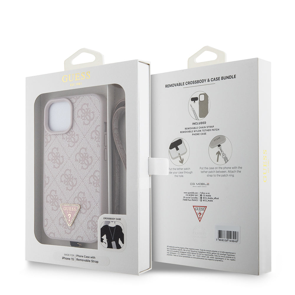 iPhone 15 Kılıf Guess Orijinal Lisanslı PU Deri Taşlı Metal Üçgen Logolu Çapraz Vücut Askılı 4G Desenli Kılıf
