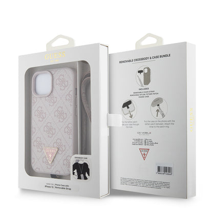 iPhone 15 Kılıf Guess Orijinal Lisanslı PU Deri Taşlı Metal Üçgen Logolu Çapraz Vücut Askılı 4G Desenli Kılıf