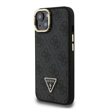 iPhone 15 Kılıf Guess Orijinal Lisanslı PU Deri Taşlı Üçgen Logo 4G Desenli Kamera Standlı Kılıf