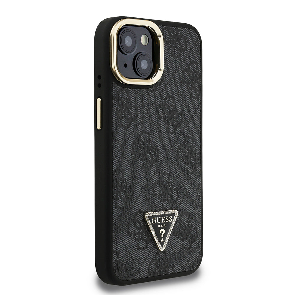 iPhone 15 Kılıf Guess Orijinal Lisanslı PU Deri Taşlı Üçgen Logo 4G Desenli Kamera Standlı Kılıf