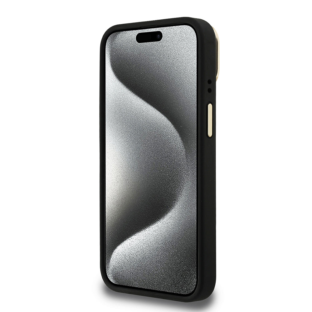 iPhone 15 Kılıf Guess Orijinal Lisanslı PU Deri Taşlı Üçgen Logo 4G Desenli Kamera Standlı Kılıf