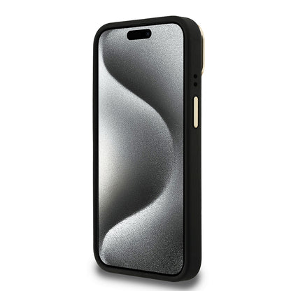 iPhone 15 Kılıf Guess Orijinal Lisanslı PU Deri Taşlı Üçgen Logo 4G Desenli Kamera Standlı Kılıf