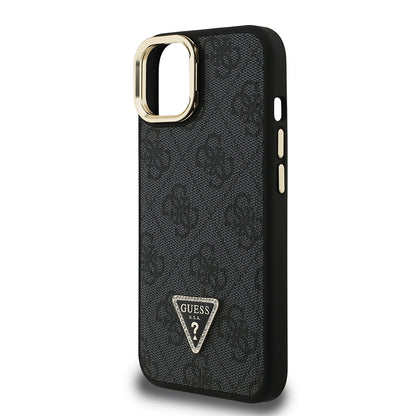 iPhone 15 Kılıf Guess Orijinal Lisanslı PU Deri Taşlı Üçgen Logo 4G Desenli Kamera Standlı Kılıf