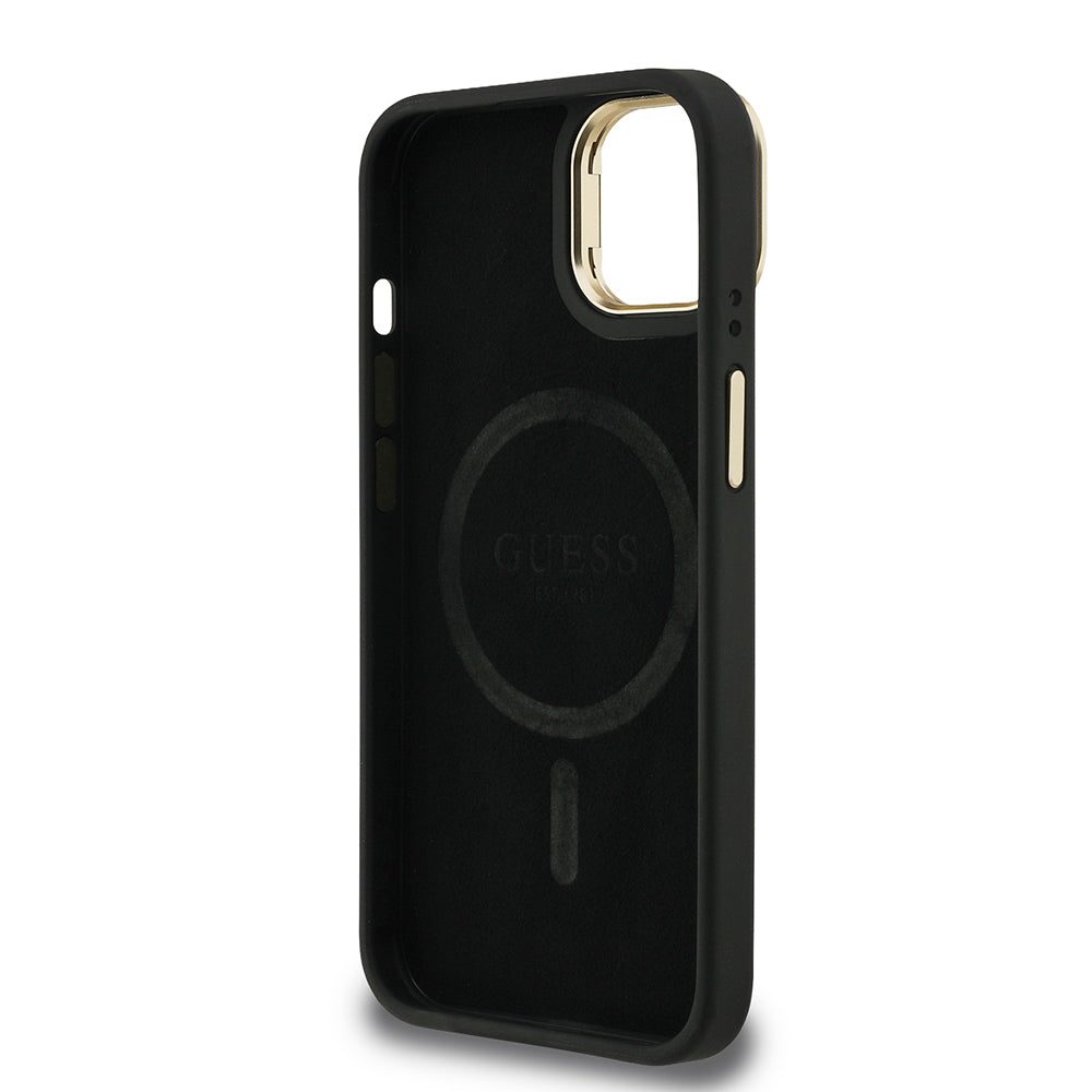 iPhone 15 Kılıf Guess Orijinal Lisanslı PU Deri Taşlı Üçgen Logo 4G Desenli Kamera Standlı Kılıf