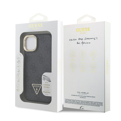 iPhone 15 Kılıf Guess Orijinal Lisanslı PU Deri Taşlı Üçgen Logo 4G Desenli Kamera Standlı Kılıf