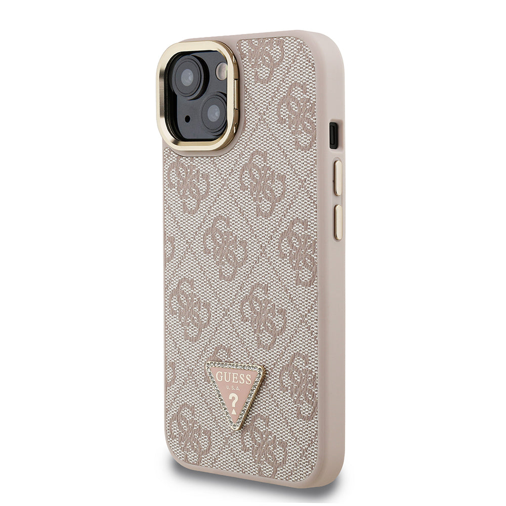 iPhone 15 Kılıf Guess Orijinal Lisanslı PU Deri Taşlı Üçgen Logo 4G Desenli Kamera Standlı Kılıf