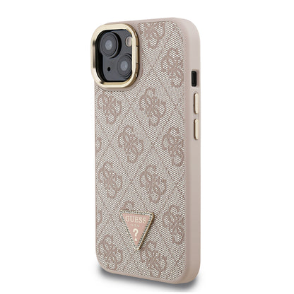 iPhone 15 Kılıf Guess Orijinal Lisanslı PU Deri Taşlı Üçgen Logo 4G Desenli Kamera Standlı Kılıf