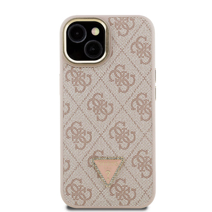 iPhone 15 Kılıf Guess Orijinal Lisanslı PU Deri Taşlı Üçgen Logo 4G Desenli Kamera Standlı Kılıf