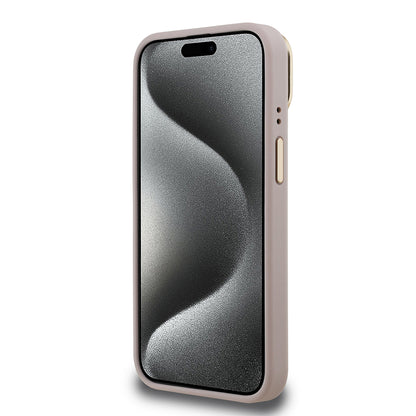 iPhone 15 Kılıf Guess Orijinal Lisanslı PU Deri Taşlı Üçgen Logo 4G Desenli Kamera Standlı Kılıf