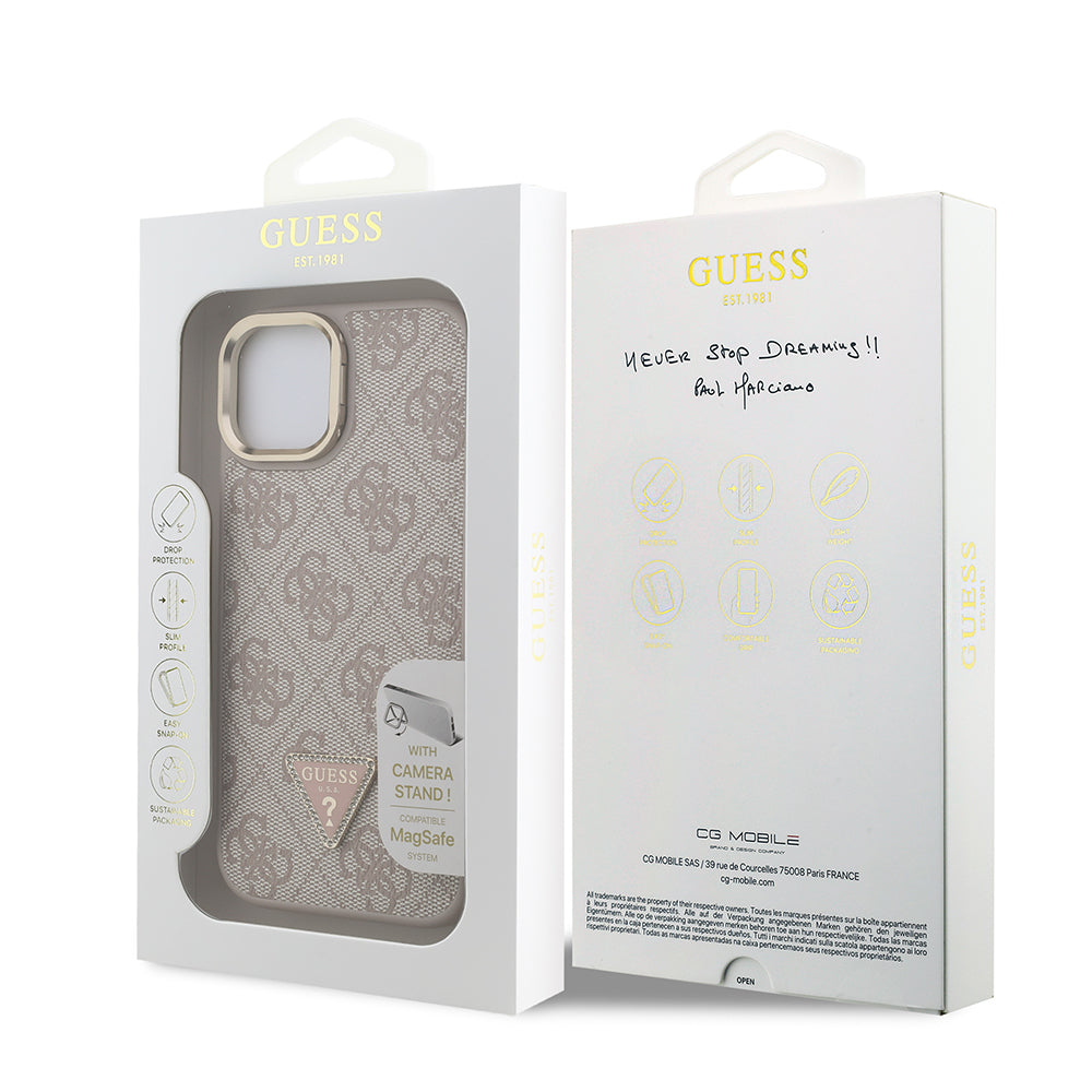 iPhone 15 Kılıf Guess Orijinal Lisanslı PU Deri Taşlı Üçgen Logo 4G Desenli Kamera Standlı Kılıf