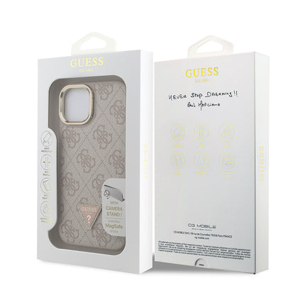 iPhone 15 Kılıf Guess Orijinal Lisanslı PU Deri Taşlı Üçgen Logo 4G Desenli Kamera Standlı Kılıf