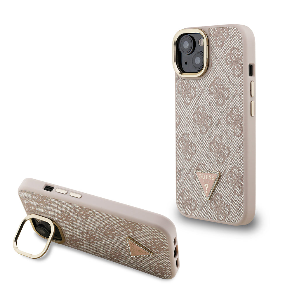 iPhone 15 Kılıf Guess Orijinal Lisanslı PU Deri Taşlı Üçgen Logo 4G Desenli Kamera Standlı Kılıf