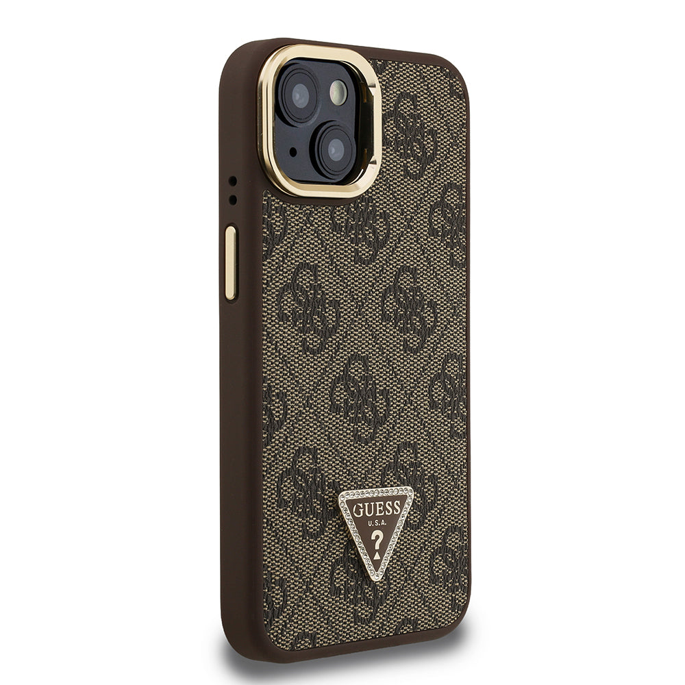 iPhone 15 Kılıf Guess Orijinal Lisanslı PU Deri Taşlı Üçgen Logo 4G Desenli Kamera Standlı Kılıf