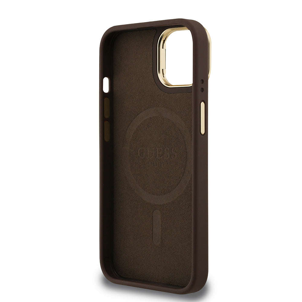 iPhone 15 Kılıf Guess Orijinal Lisanslı PU Deri Taşlı Üçgen Logo 4G Desenli Kamera Standlı Kılıf