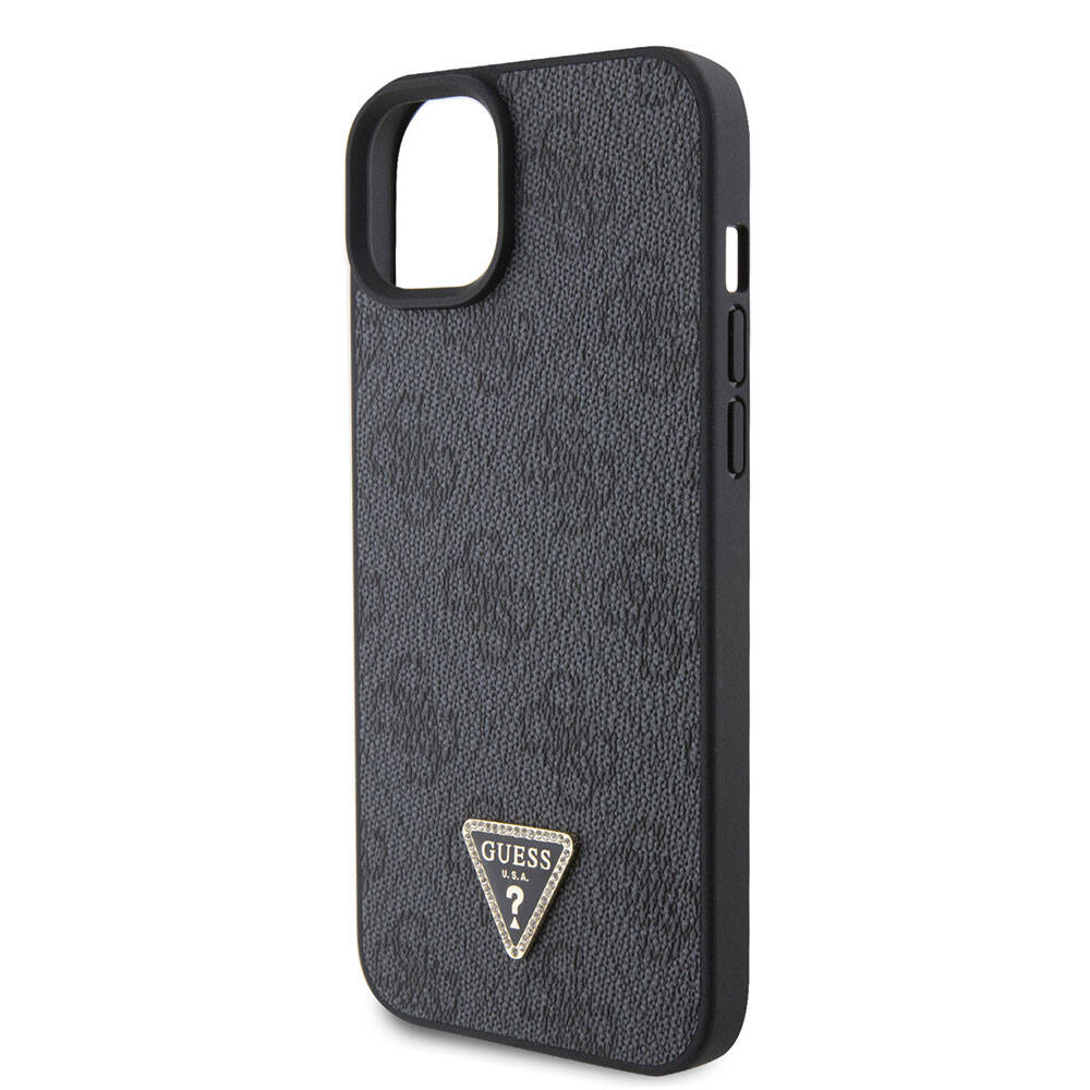 iPhone 15 Kılıf Guess Orijinal Lisanslı PU Deri Taşlı Üçgen Logo 4G Desenli Strass Kılıf