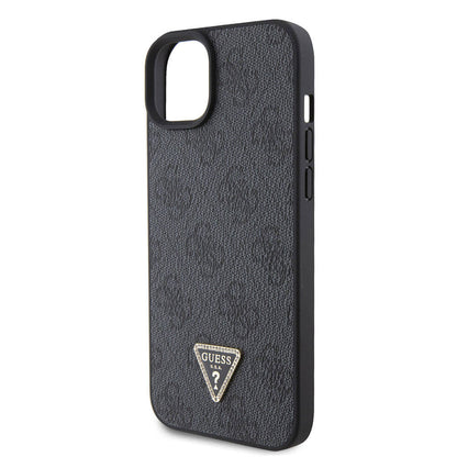 iPhone 15 Kılıf Guess Orijinal Lisanslı PU Deri Taşlı Üçgen Logo 4G Desenli Strass Kılıf