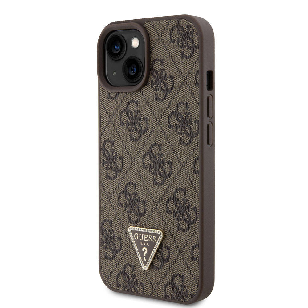 iPhone 15 Kılıf Guess Orijinal Lisanslı PU Deri Taşlı Üçgen Logo 4G Desenli Strass Kılıf