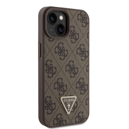 iPhone 15 Kılıf Guess Orijinal Lisanslı PU Deri Taşlı Üçgen Logo 4G Desenli Strass Kılıf