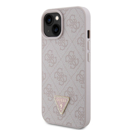 iPhone 15 Kılıf Guess Orijinal Lisanslı PU Deri Taşlı Üçgen Logo 4G Desenli Strass Kılıf