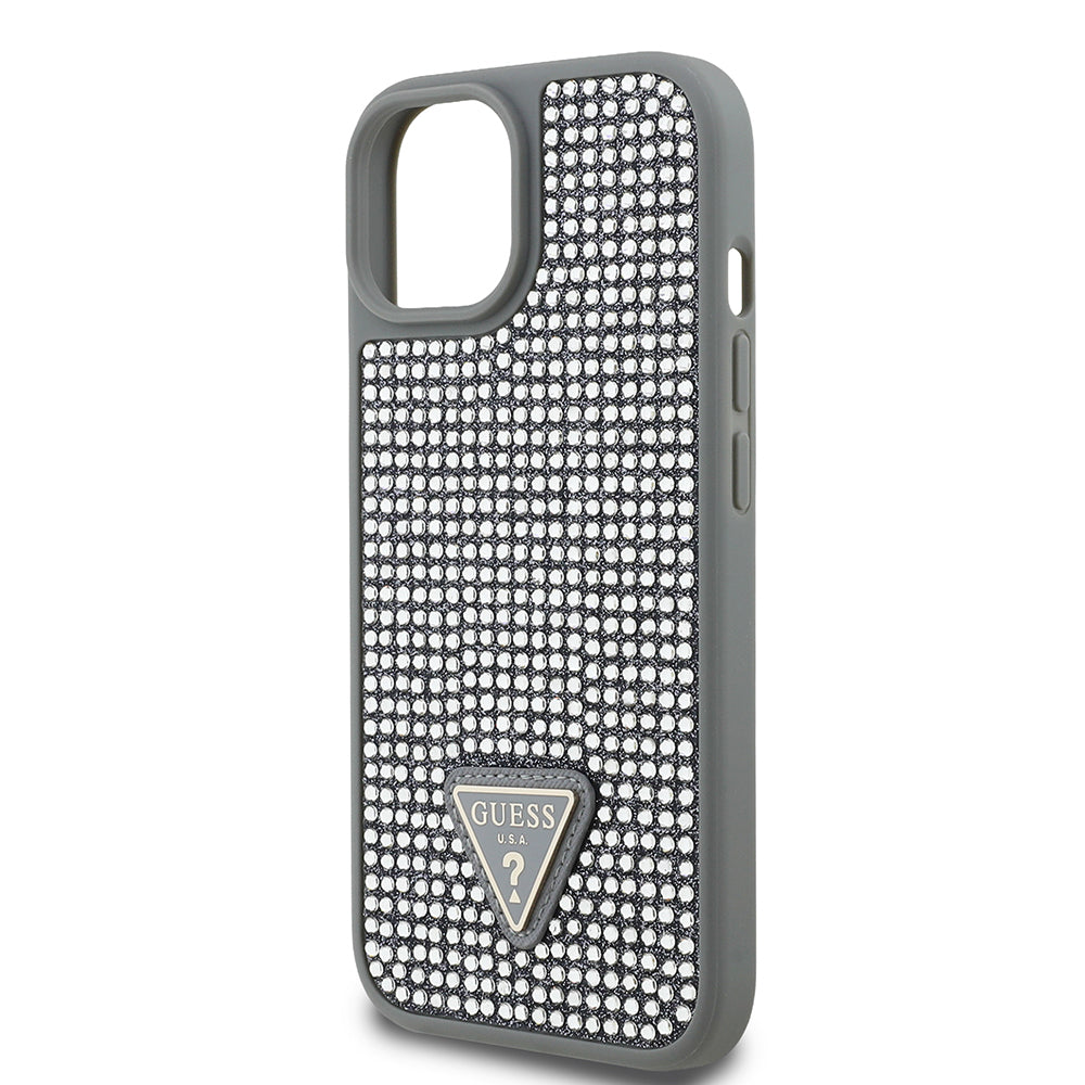 iPhone 15 Kılıf Guess Orijinal Lisanslı Taşlı Arka Yüzey Üçgen Logolu Kılıf