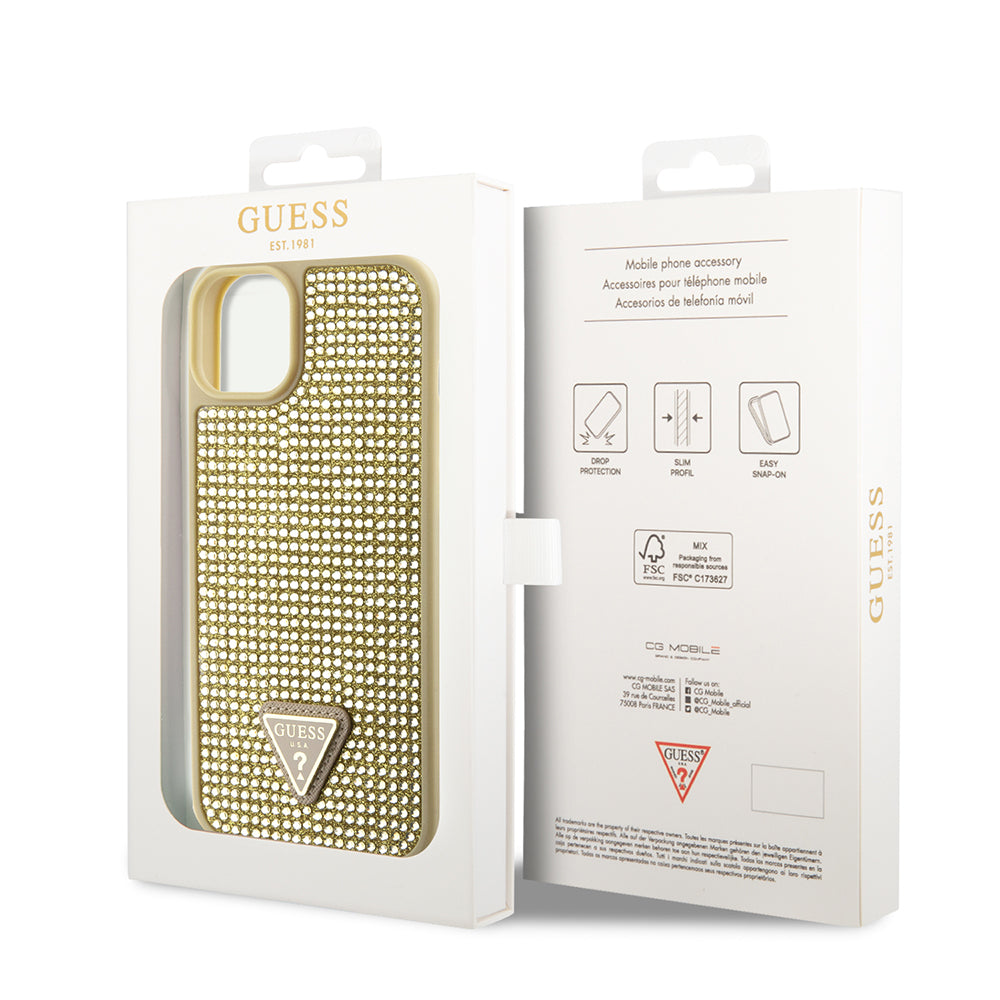 iPhone 15 Kılıf Guess Orijinal Lisanslı Taşlı Arka Yüzey Üçgen Logolu Kılıf