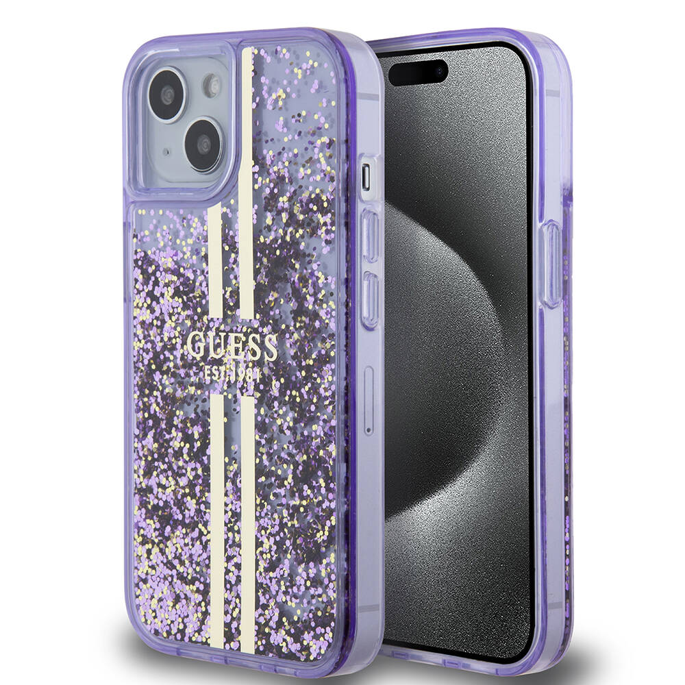 iPhone 15 Kılıf Guess Orijinal Lisanslı Transparan Sıvılı Simli Altın Çizgili Kılıf