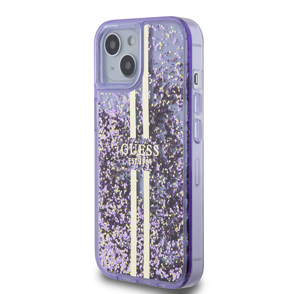 iPhone 15 Kılıf Guess Orijinal Lisanslı Transparan Sıvılı Simli Altın Çizgili Kılıf