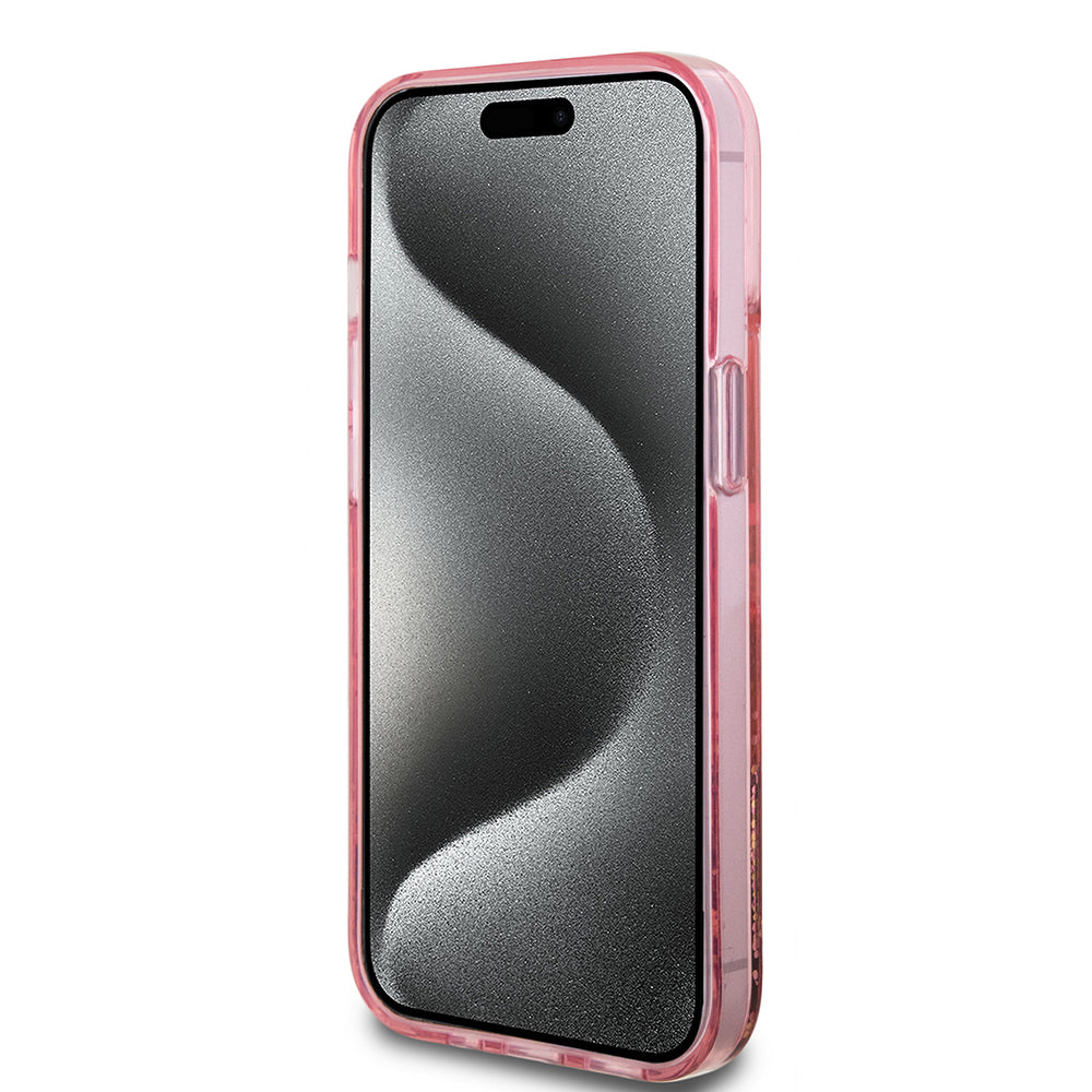 iPhone 15 Kılıf Guess Orijinal Lisanslı Transparan Sıvılı Simli Altın Çizgili Kılıf