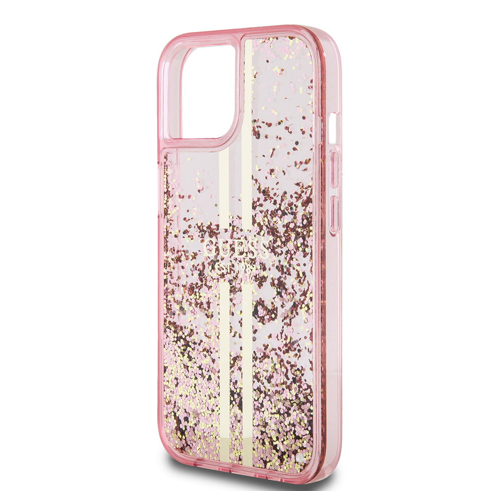 iPhone 15 Kılıf Guess Orijinal Lisanslı Transparan Sıvılı Simli Altın Çizgili Kılıf