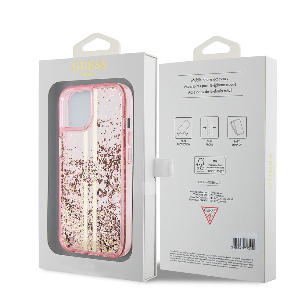 iPhone 15 Kılıf Guess Orijinal Lisanslı Transparan Sıvılı Simli Altın Çizgili Kılıf