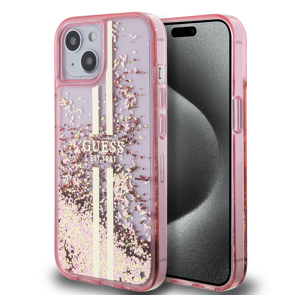 iPhone 15 Kılıf Guess Orijinal Lisanslı Transparan Sıvılı Simli Altın Çizgili Kılıf