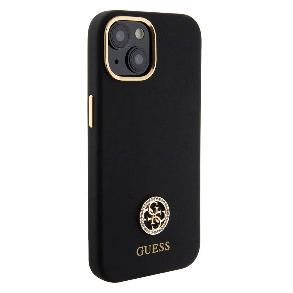 iPhone 15 Kılıf Guess Orijinal Lisanslı Yazı ve Taşlı 4G Logolu Metal Kamera Çerçeveli Silikon Kılıf