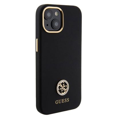 iPhone 15 Kılıf Guess Orijinal Lisanslı Yazı ve Taşlı 4G Logolu Metal Kamera Çerçeveli Silikon Kılıf